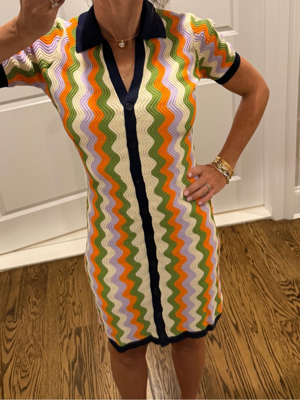 English Factory Wave-Pattern Polo Dress in Navy, Orange, Green, Lavender, Cream - Picture 3 of 4